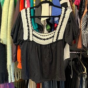 Lucky Brand Black Top with White Crochet Detail